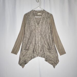 Logo Lori Goldstein Cardigan Women XS Taupe Knit Faux Suede V-Neck Zip Pocket